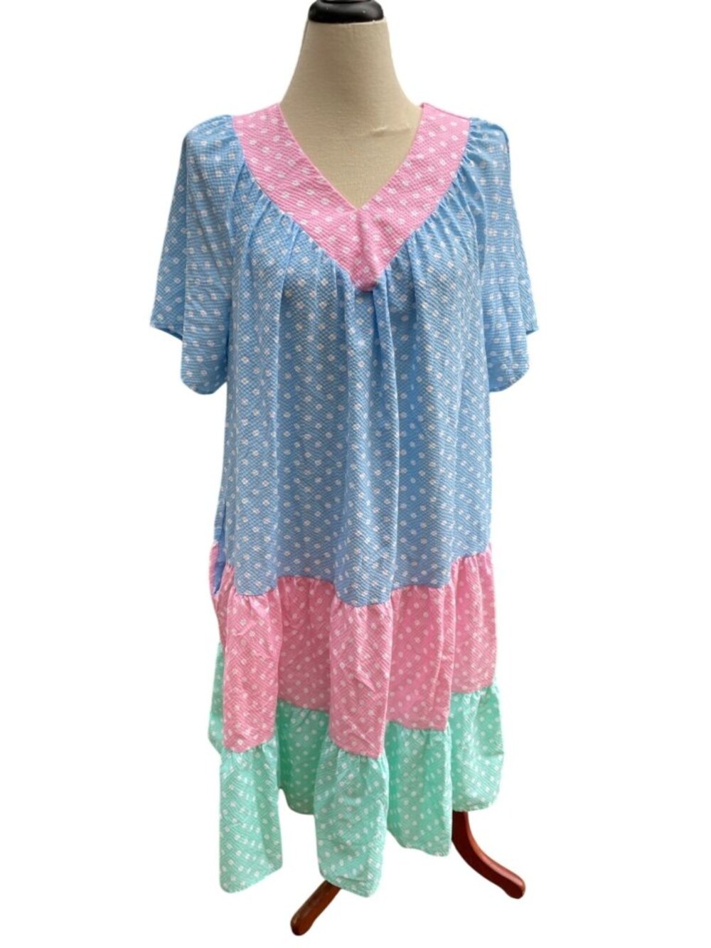 Polka Dot Tiered Lounge Dress Blue Pink Green V-Neck Short Sleeve Large USA Made